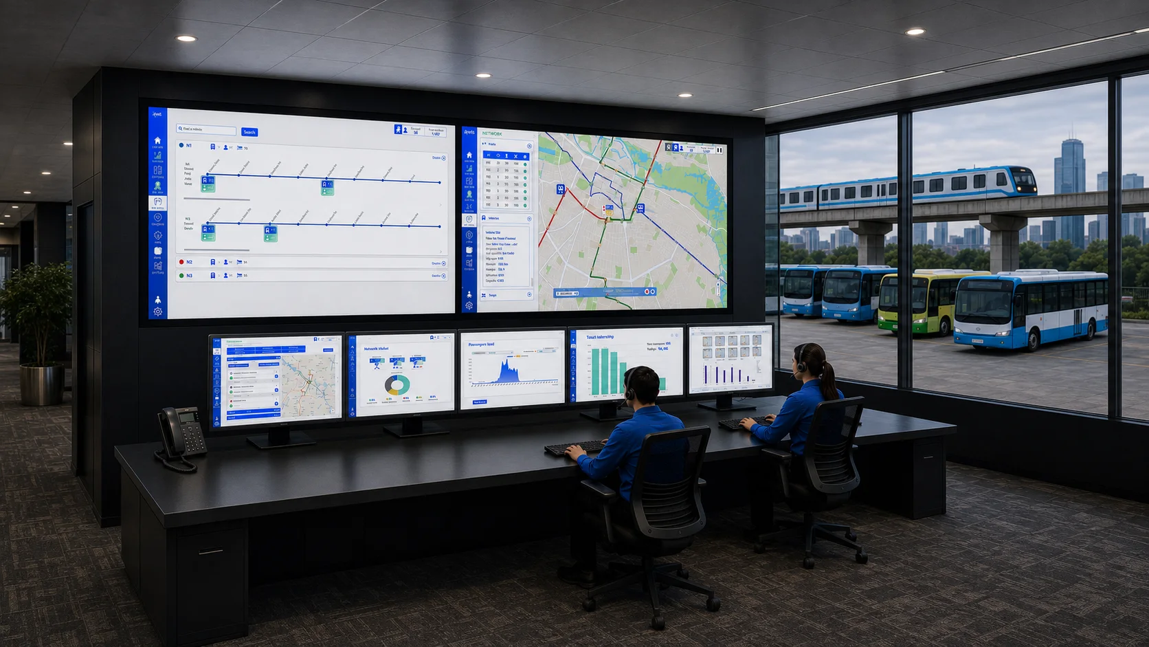 Transit operations control room monitoring passenger-counting data across buses and metro services