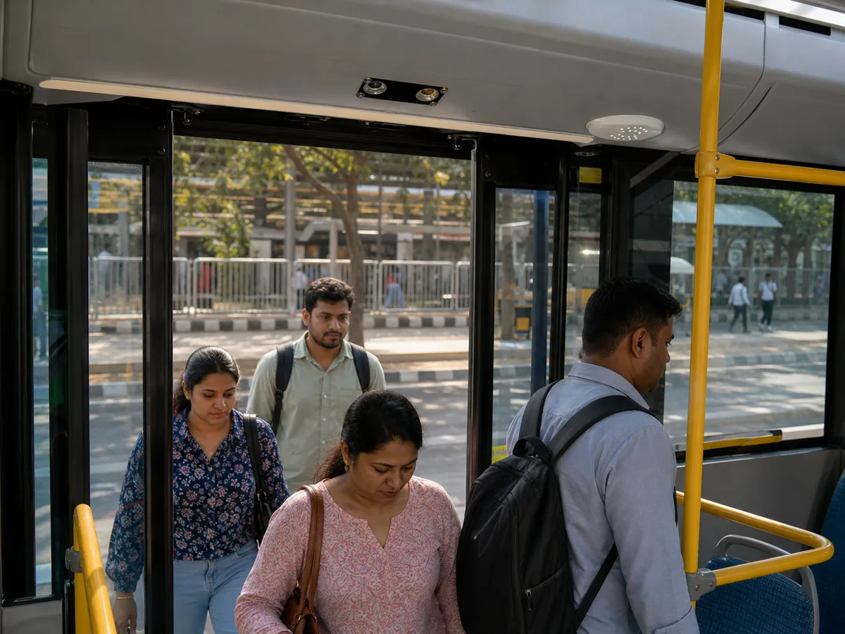 Indian commuters boarding and exiting a city bus beneath an automatic passenger-counting sensor