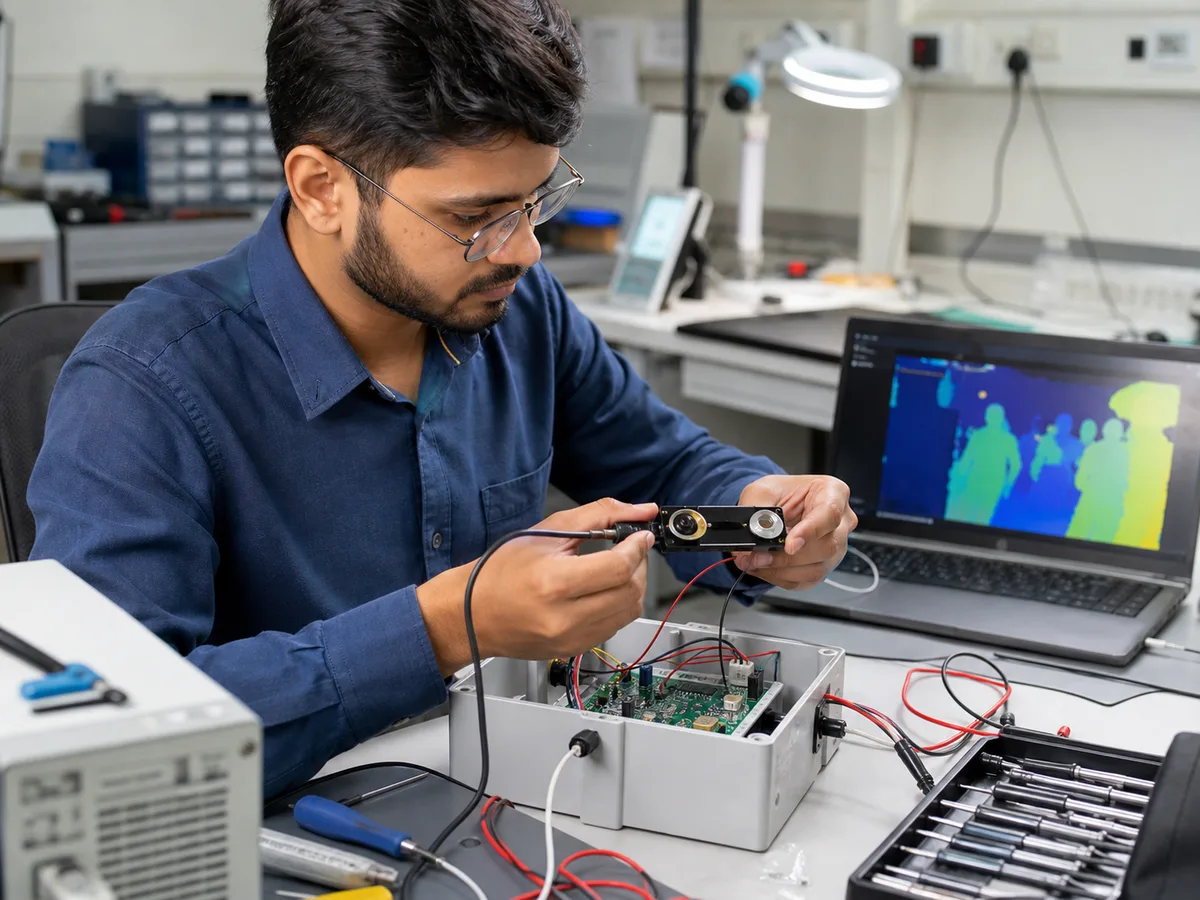An Indian engineer developing and testing a dual-lens passenger-counting sensor